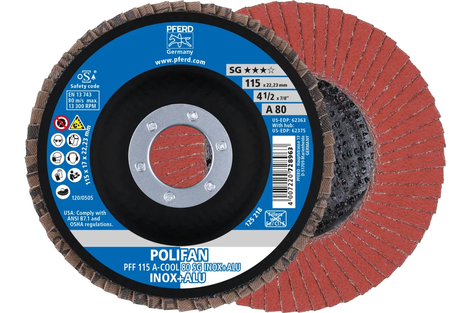 Picture of Pferd Flap Disc, 4-1/2" x 7/8, A-Cool SG Inox+ALU, 80 Grit, T27, Flat, Aluminum oxide